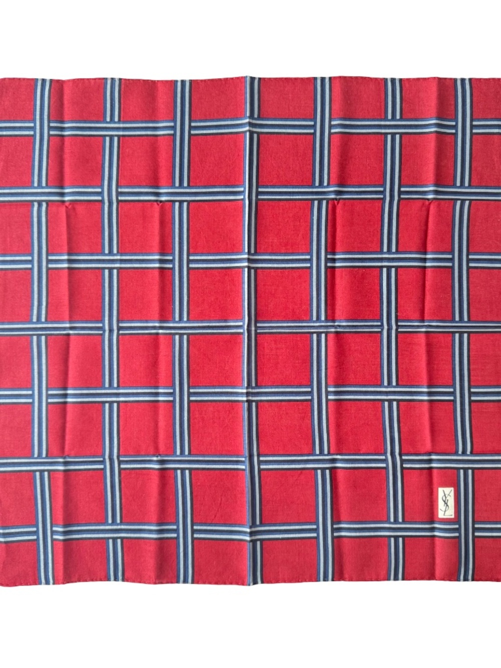 Vintage Yves Saint Laurent Plaid Scarf Red Blue Check Neckerchief Pocket Square